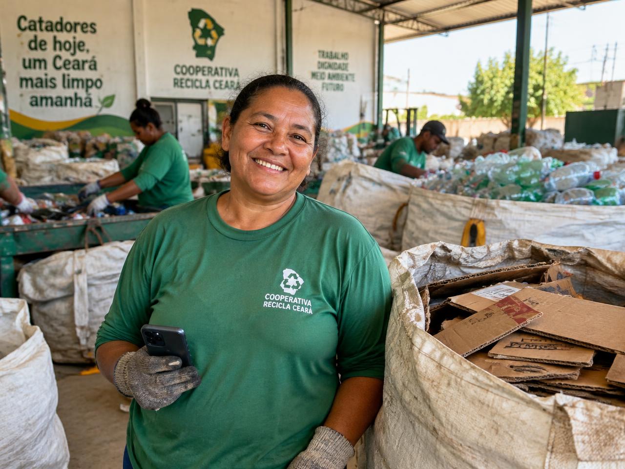 Catadora sorrindo com o celular na mão, ao lado de sacos de papelão no galpão